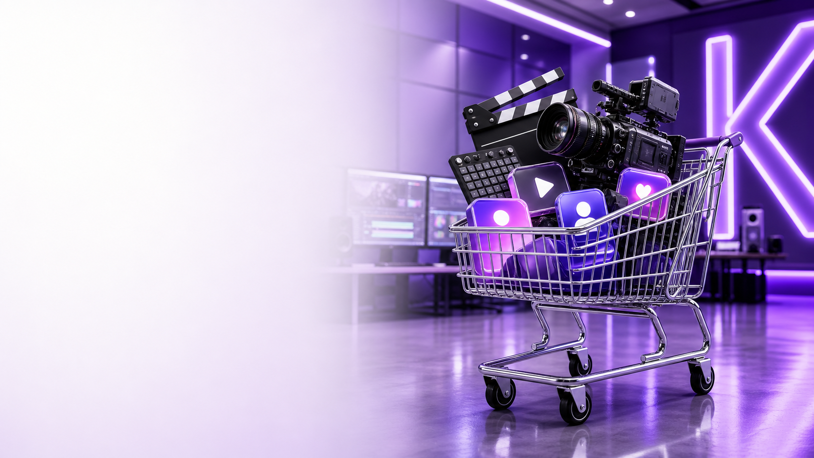 Einkaufswagen mit professioneller Videotechnik in einem violetten Studio